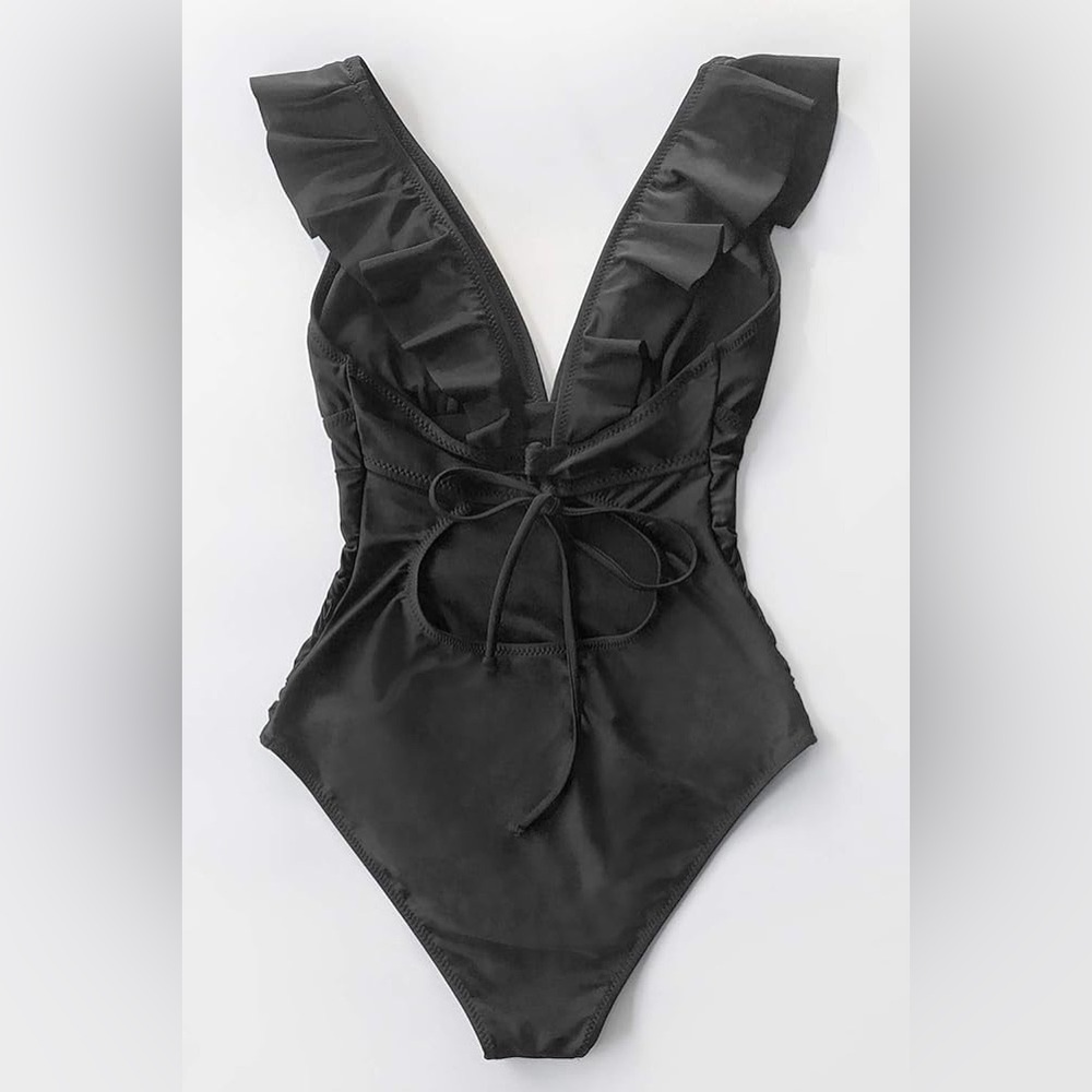 Women's Sexy Ruffle One Piece Swimsuit V Neck Lace Up Beach Monokini - Picture 4 of 5